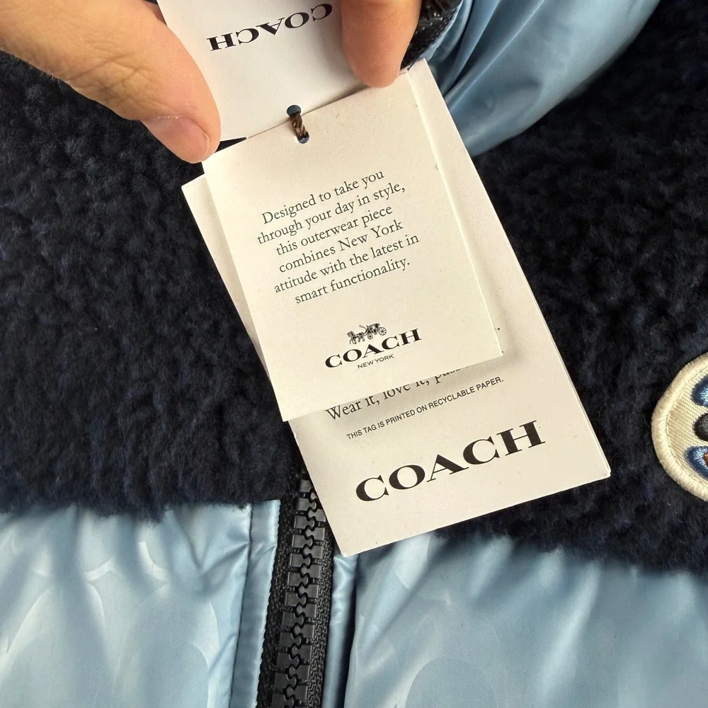 Coach Vest Men's XL Blue Signature Colorblock Puffer Sherpa Down Insulated NEW